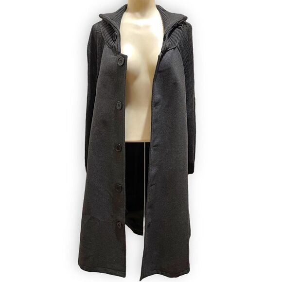 Yipon Yichu Yiponyichu A-Line Button Front Knit Collar Sleeves Swing Coat - Picture 4 of 16